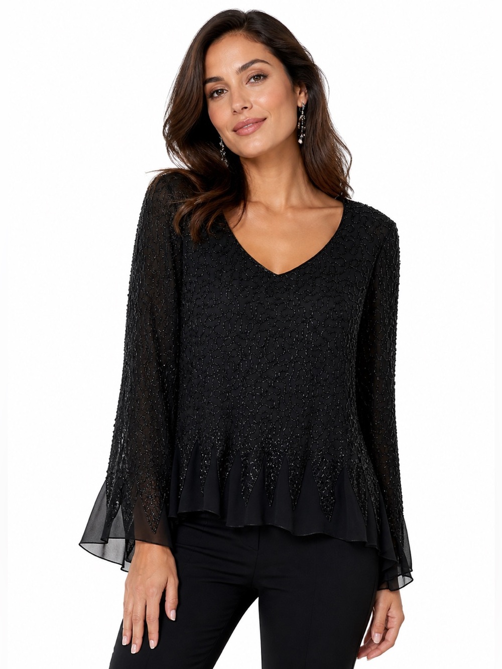 JKARA Beaded Black Chiffon Top XL Sheer Sleeve Evening Party Elegant Boho Chic